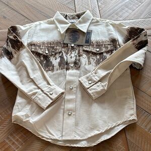 Roper Boys Cream and Brown Western-Print Button Down Shirt